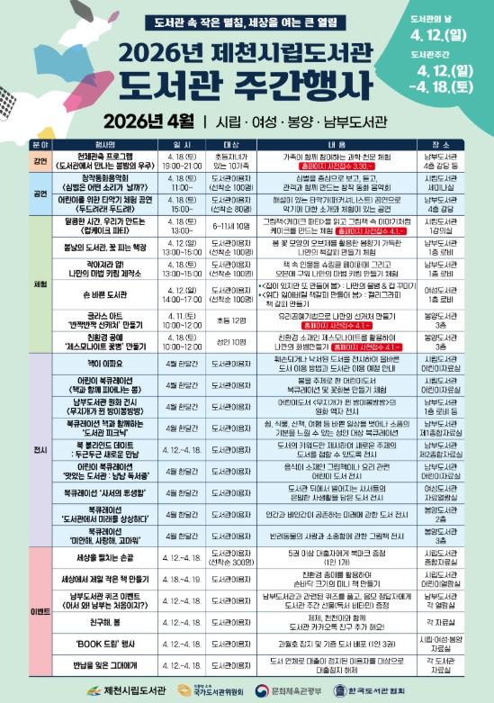 “도서관 속 작은 펼침, 세상을 여는 큰 열림”… 제천시 도서관주간 4월 ‘책 축제’풍성